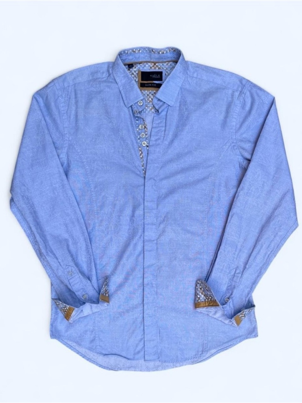 Eight X Premium Slim Fit Light Blue Jacquard button down Shirt colorful trim M